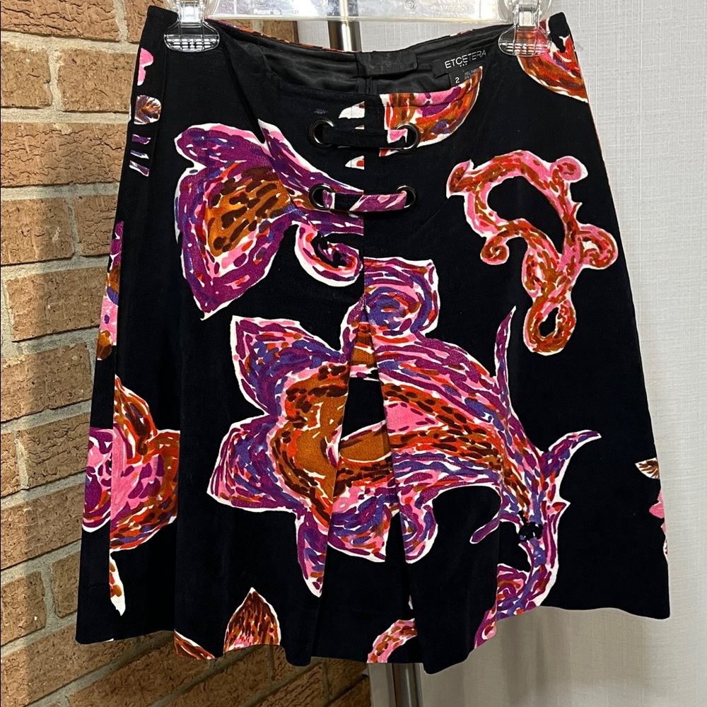 Etcetera Black Pink Paisley A-Line Skirt  Corduroy Mini Size 2